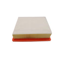 PLANO Y RECTANGULAR, CON MARCO COLOR NARANJA , EL AREA FILTRANTE ESTA COMPUESTA POR UN MATERIAL PLEGADO DE COLOR AMARILLO