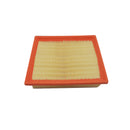 PLANO Y RECTANGULAR, CON MARCO COLOR NARANJA , EL AREA FILTRANTE ESTA COMPUESTA POR UN MATERIAL PLEGADO DE COLOR AMARILLO