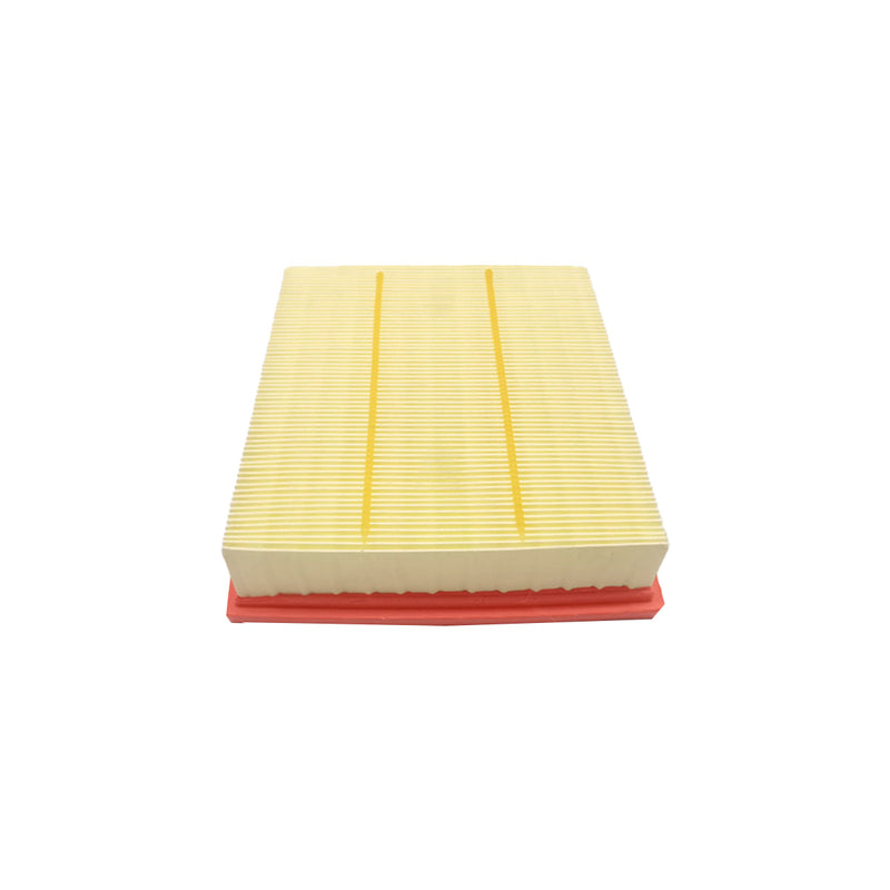 PLANO Y RECTANGULAR, CON MARCO COLOR NARANJO HECHO DE GOMA, LA PARTE FILTRANTE ESTA COMPUESTA POR UN MATERIAL PLEGADO DE COLOR AMARILLO