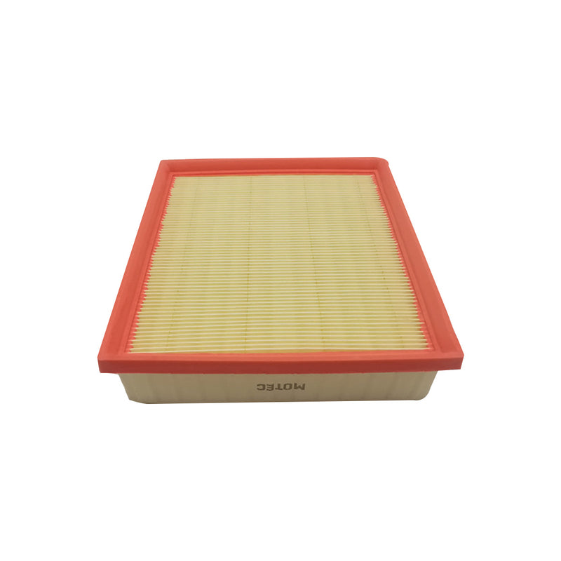 PLANO Y RECTANGULAR, CON MARCO COLOR NARANJO HECHO DE GOMA, LA PARTE FILTRANTE ESTA COMPUESTA POR UN MATERIAL PLEGADO DE COLOR AMARILLO