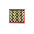 RECTANGULAR CON MARCO NARANJO, LA ZONA FILTRANTE ESTA HECHA DE MATERIAL PLEGADO AMARILLO CLARO, EN LA PARTE SUPERIOR TIENE UNA MALLA RIGIDA NEGRA CON PATRON HEXAGONAL