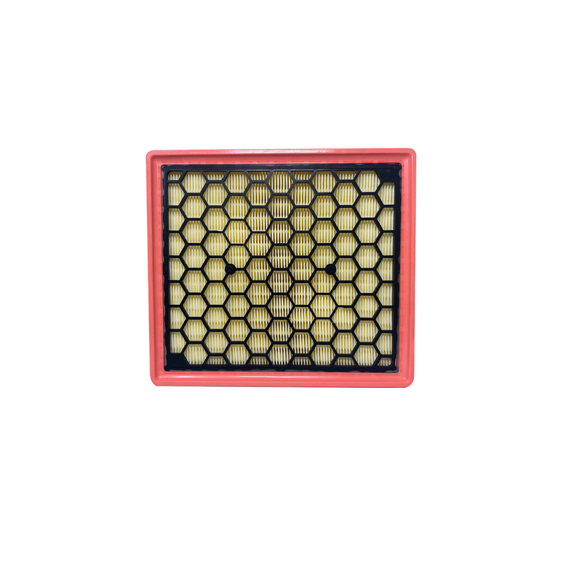 RECTANGULAR CON MARCO NARANJO, LA ZONA FILTRANTE ESTA HECHA DE MATERIAL PLEGADO AMARILLO CLARO, EN LA PARTE SUPERIOR TIENE UNA MALLA RIGIDA NEGRA CON PATRON HEXAGONAL